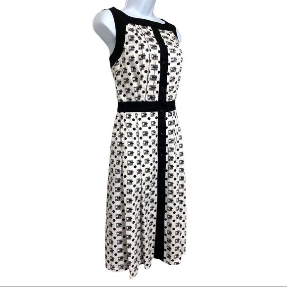 CAROLINA HERRERA NEW YORK Fit Flare Sleeveless Black White Print Midi Dress 4 - Picture 5 of 16